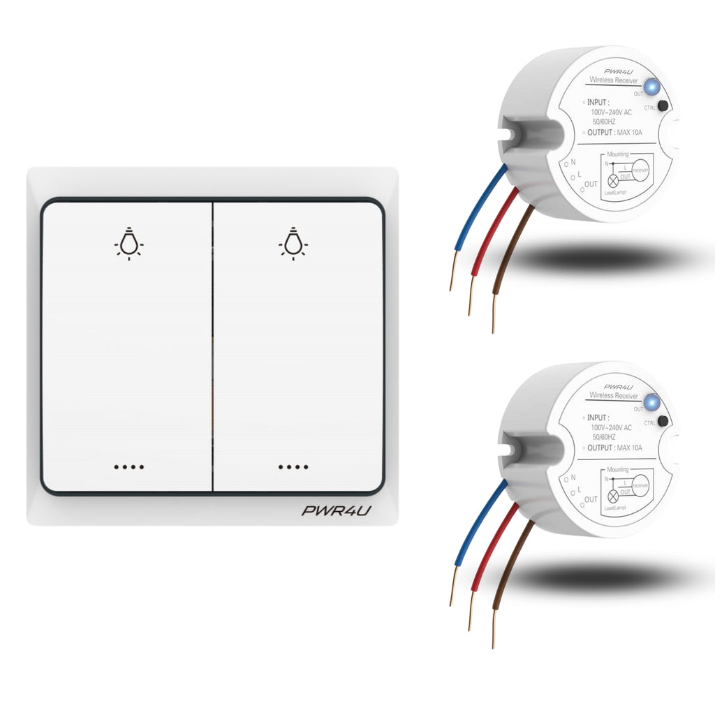 PWR4U Draadloze Serie Schakelaar – Klik aan klik uit bediening - Lichtschakelaar draadloos - Complete set met ontvanger – Batterijen en Inbouwdoos is niet nodig