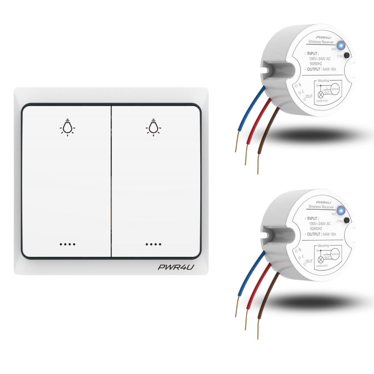 PWR4U Draadloze Serie Schakelaar – Klik aan klik uit bediening - Lichtschakelaar draadloos - Complete set met ontvanger – Batterijen en Inbouwdoos is niet nodig