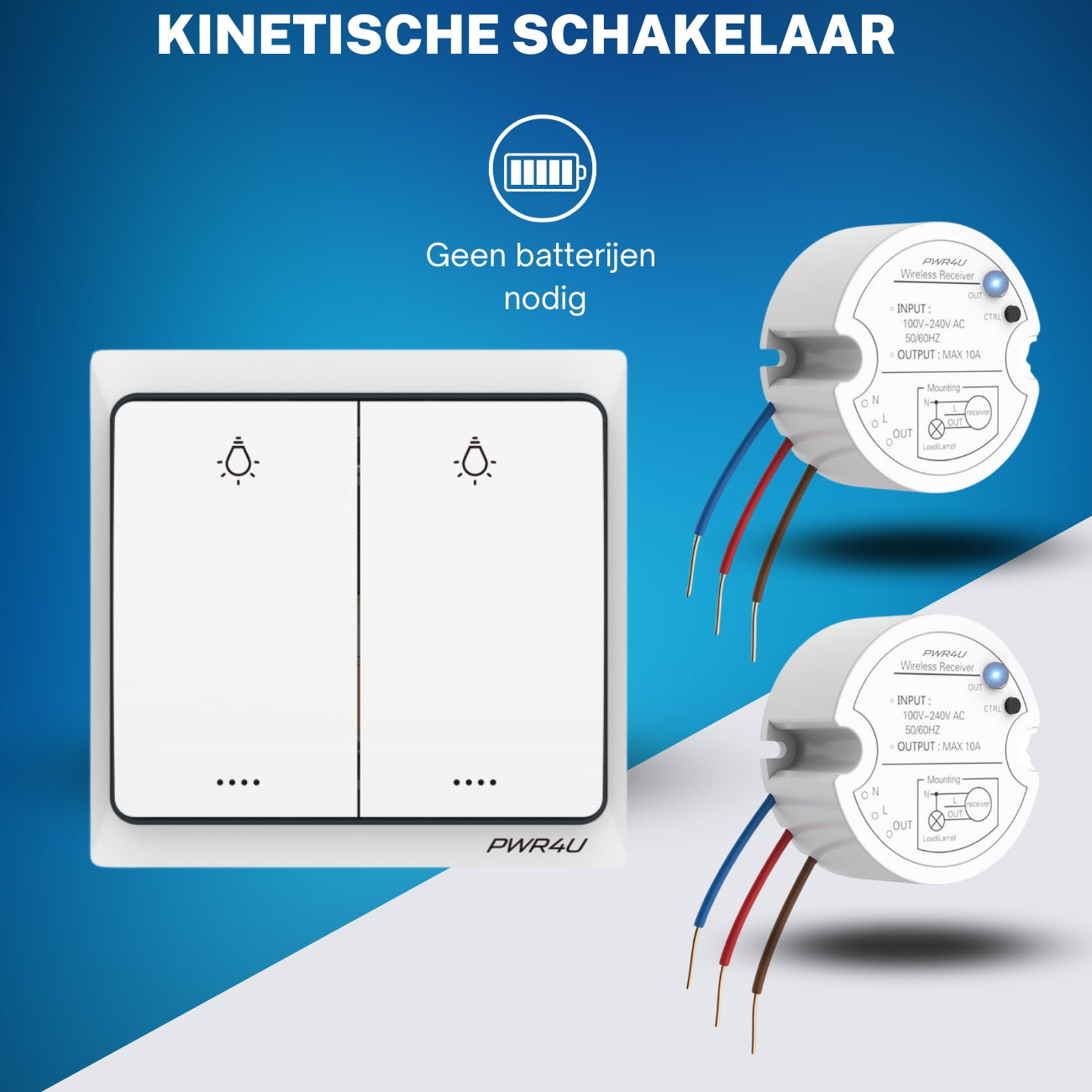 PWR4U Draadloze Serie Schakelaar – Klik aan klik uit bediening - Lichtschakelaar draadloos - Complete set met ontvanger – Batterijen en Inbouwdoos is niet nodig