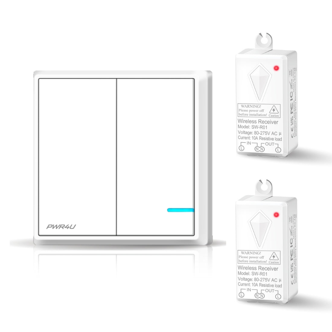 PWR4U Draadloze lichtschakelaar - Set met 2 ontvangers (schakelunits) – Snelle montage op de wand - Serie schakelaar