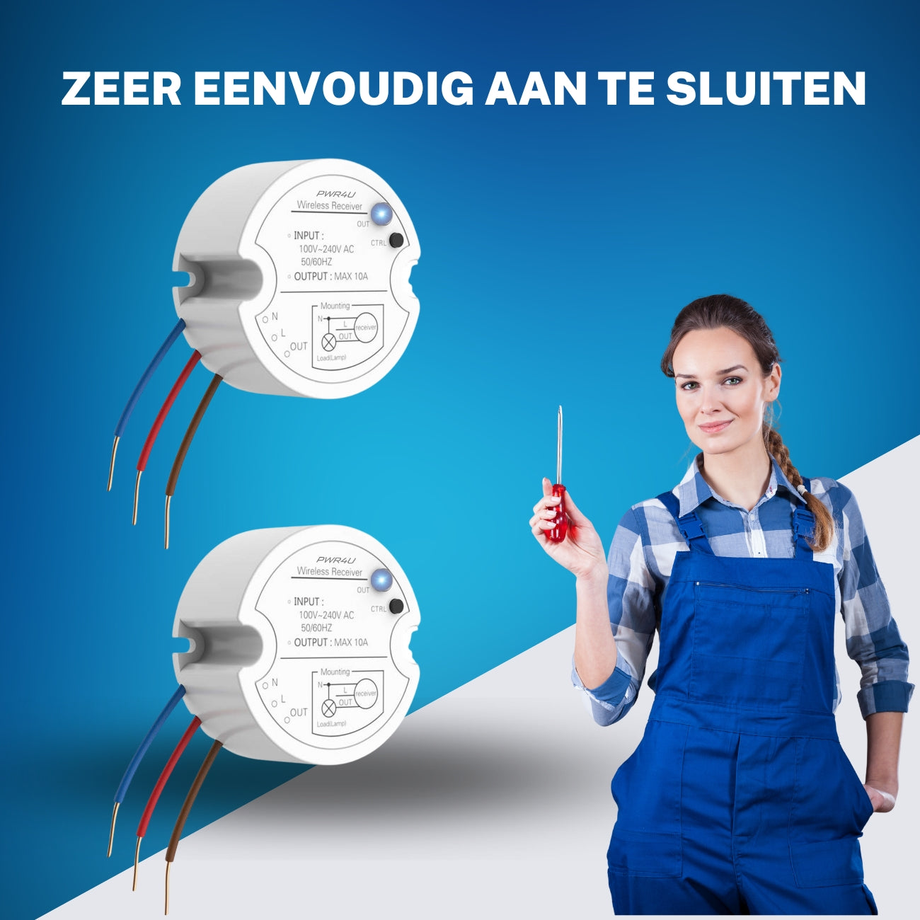 PWR4U Draadloze Serie Schakelaar – Klik aan klik uit bediening - Lichtschakelaar draadloos - Complete set met ontvanger – Batterijen en Inbouwdoos is niet nodig