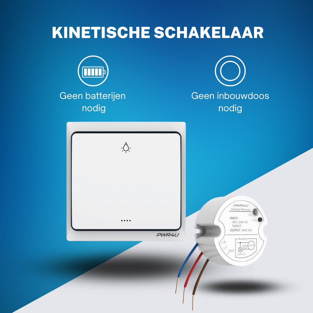 PWR4U Draadloze Schakelaar – Klik aan klik uit bediening - Lichtschakelaar draadloos - Complete set met ontvanger – Batterijen zijn niet nodig - Inbouwdoos is niet nodig