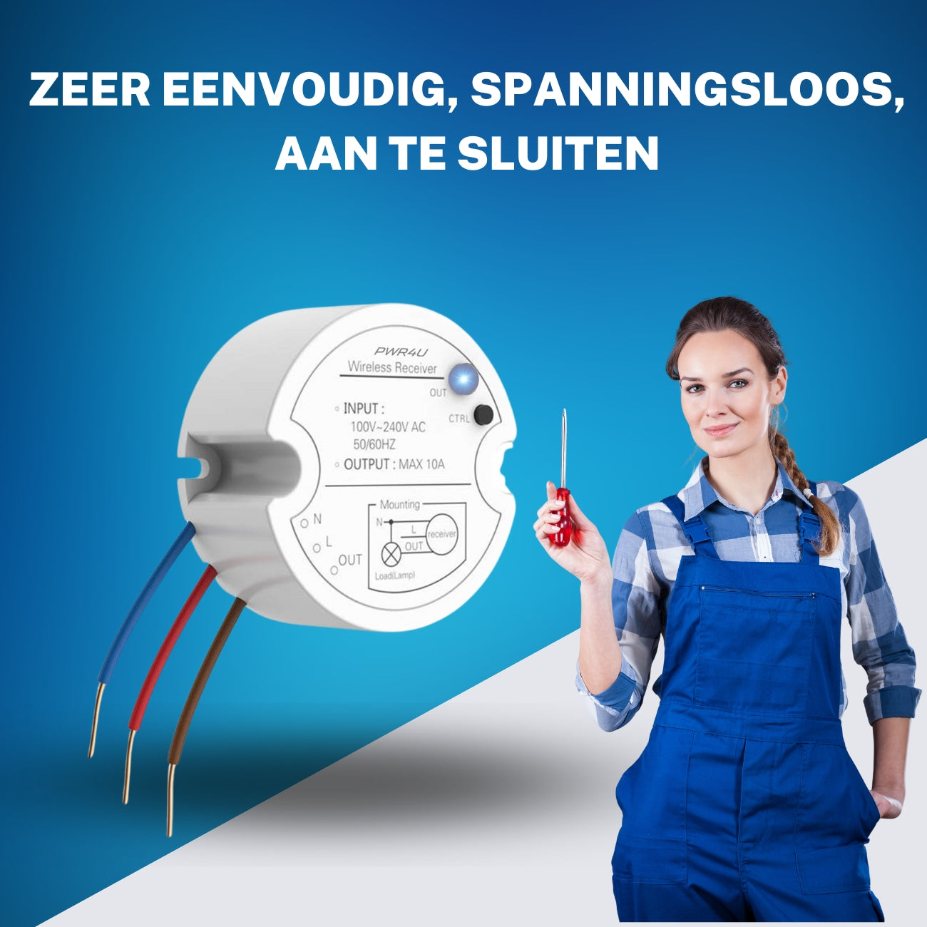 PWR4U Draadloze Schakelaar – Klik aan klik uit bediening - Lichtschakelaar draadloos - Complete set met ontvanger – Batterijen zijn niet nodig - Inbouwdoos is niet nodig