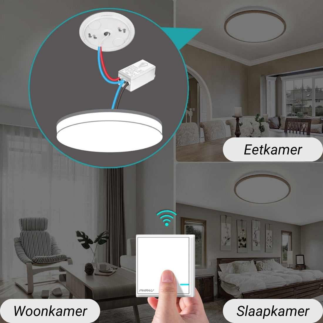 PWR4U Draadloze lichtschakelaar - klik aan klik uit bediening - Set met ontvanger (schakelunit) – Snelle montage op de wand